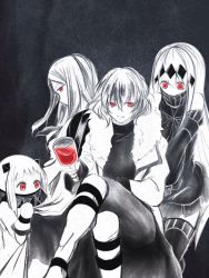 Rule 34 | 1boy, 3girls, abyssal ship, aircraft carrier water oni, alcohol, bf 25lan, black dress, black legwear, castlevania (series), castlevania: aria of sorrow, coat, cupping glass, dark background, dark persona, detached sleeves, dress, fur-trimmed coat, fur trim, horns, kantai collection, long hair, looking at viewer, multiple girls, northern ocean princess, pale skin, pantyhose, red eyes, sake, shirt, smile, soma cruz, spot color, ta-class battleship, thighhighs, trench coat, turtleneck, very long hair, white dress, white hair