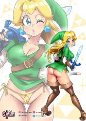 Rule 34 | 1girl, absurdres, ass, blonde hair, blue eyes, boots, breasts, brown boots, cleavage, cleft of venus, clothes lift, cosplay, dress, dress lift, earrings, fingerless gloves, from behind, frontal wedgie, full body, gloves, green dress, green hat, hat, high heel boots, high heels, highres, jewelry, large breasts, link, link (cosplay), long hair, looking at viewer, looking back, mario (series), master sword, nintendo, one eye closed, open mouth, panties, parted lips, princess peach, sasa tseng, short dress, short sleeves, side-tie panties, smile, solo, standing, standing on one leg, super mario bros. 1, sword, the legend of zelda, the legend of zelda: ocarina of time, thick lips, thigh boots, thigh gap, thong, triforce, underwear, weapon, wedgie, wink, zoom layer