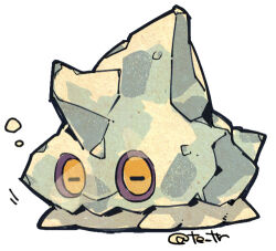 bergmite closed_mouth full_body gen_6_pokemon lowres lying mountainous_horizon nintendo no_humans on_stomach orange_eyes pokemon pokemon_(creature) simple_background smile solo squeans tetori twitter_username white_background