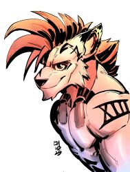 1boy animal_ears animal_nose arm_tattoo artofkurzweil bara commentary dated english_commentary final_fantasy final_fantasy_vii furry furry_male highres looking_at_viewer male_focus monochrome muscular muscular_male red_fur red_hair red_xiii roman_numeral signature smile spiked_hair tattoo topless_male
