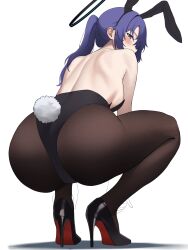 1girl absurdres animal_ear_hairband animal_ears ass bare_back bare_shoulders black_hairband black_leotard black_pantyhose black_shoes blue_archive blue_eyes blush fake_animal_ears fake_tail from_behind hairband highres leotard long_hair looking_at_viewer pantyhose playboy_bunny ponytail purple_hair rabbit_ear_hairband rabbit_ears rabbit_tail rianya07 shoes sidelocks solo squatting strapless strapless_leotard tail yuuka_(blue_archive)