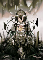 1girl albedo_(overlord) black_hair black_liquid breasts cleavage cupping_hands demon_horns detached_collar floating floating_object full_body gloves hair_between_eyes highres horns long_hair official_art overlord_(maruyama) own_hands_together parted_lips pebble sitting slit_pupils so-bin spider_web_print very_long_hair yellow_eyes