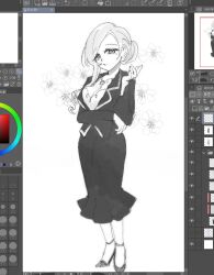 1girl arm_under_breasts art_program_in_frame black_jacket black_shoes black_skirt breasts chi_kan100 cleavage closed_mouth curly_sidelocks flower flower_necklace full_body hair_bun hair_flower hair_ornament hanazono_hahari hand_on_own_elbow hand_up head_tilt high_heels jacket jewelry kimi_no_koto_ga_dai_dai_dai_dai_daisuki_na_100-nin_no_kanojo long_hair long_sleeves looking_at_viewer low-cut mature_female mole mole_under_eye monochrome nail_polish necklace open_clothes open_jacket pencil_skirt pumps screencap shirt shoes single_hair_bun single_sidelock skirt solo standing strappy_heels white_shirt
