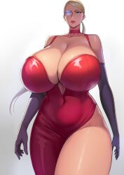 android blonde_hair blue_eyes breasts cleavage dress glowing glowing_eyes huge_breasts jessica_rabbit_(cosplay) kurohardt robot robot_girl serious t-x terminator terminator_(series) terminator_3:_rise_of_the_machines