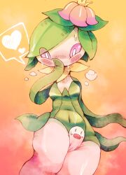 1girl arm_at_side between_legs black_eyes blush blush_stickers breasts breath colored_sclera colored_skin covered_navel crown female_focus flower gradient_background gredtrain green_hair green_leotard green_skin hair_flower hair_ornament hand_to_own_mouth hand_up heart highres hisuian_lilligant legs_together leotard looking_down mini_crown monster_girl multicolored_skin nintendo nose_blush pink_flower pink_sclera pink_skin plant_girl pokemon pokemon_(creature) sexually_suggestive short_hair sidelocks simple_background sitting small_breasts solid_oval_eyes solo_focus speech_bubble spoken_heart steam steaming_body sweat swept_bangs thighs white_eyes white_skin wiglett yellow_headwear