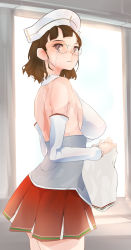 Rule 34 | 1girl, blunt bangs, breasts, brown eyes, brown hair, detached sleeves, from side, glasses, highres, kantai collection, large breasts, pince-nez, red skirt, roma (kancolle), shirt, sideboob, skirt, sleeveless, sleeveless shirt, solo, wavy hair, yamaioni (sasakama)