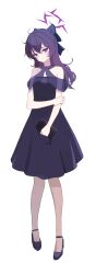 1girl absurdres bare_shoulders black_bow black_dress blue_archive bow dress full_body hair_bow halo hand_on_own_arm haruka_(blue_archive) haruka_(dress)_(blue_archive) head_tilt high_heels highres holding holding_wallet long_hair looking_to_the_side momorin_(choco030309) official_alternate_costume official_alternate_hairstyle purple_eyes purple_hair purple_halo simple_background solo strapless strapless_dress wallet white_background