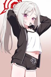 1girl black_jacket black_shorts blue_archive camisole closed_mouth cowboy_shot gradient_background grey_hair hair_tie_in_mouth halo highres io9 jacket loli long_hair long_sleeves looking_at_viewer mouth_hold mutsuki_(blue_archive) navel open_clothes open_jacket purple_eyes red_halo short_shorts shorts solo tying_hair white_camisole