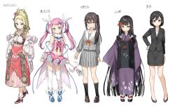 5girls absurdres bare_shoulders black_hair black_suit blonde_hair blush bob_cut brown_eyes brown_hair character_name closed_mouth collarbone detached_sleeves dress elsa_muller_(sasaki_to_p-chan) expressionless flower formal_clothes frills full_body futarishizukashi_(sasaki_to_p-chan) geta green_eyes hair_between_eyes hair_flower hair_ornament hand_on_own_hip highres hoshizaki_(sasaki_to_p-chan) japanese_clothes kantoku kimono loafers long_hair long_sleeves looking_at_viewer magical_girl magical_pink_(sasaki_to_p-chan) miniskirt multiple_girls otonari-san_(sasaki_to_p-chan) pink_hair pleated_skirt ponytail purple_eyes purple_kimono rabbit_hair_ornament ribbon sasaki_to_p-chan school_uniform shoes short_hair simple_background skirt smile socks standing straight_hair suit tachi-e thighhighs thighs twintails very_long_hair wand white_background yellow_eyes