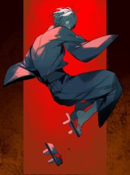 1boy barefoot blue_kimono covered_mouth from_side full_body ge_mochi gegege_no_kitarou geta grey_hair grey_kimono hair_over_one_eye highres japanese_clothes jumping kimono kitarou_tanjou:_gegege_no_nazo long_sleeves looking_at_viewer looking_to_the_side male_focus medama_oyaji medama_oyaji_(human) obi one_eye_covered red_theme sash shoe_loss shoes short_hair single_shoe solo unworn_shoes wide_sleeves