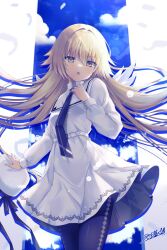 1girl angel_wings beret black_pantyhose blonde_hair blue_sky blush breasts dress fate/grand_order fate_(series) feathered_wings grey_eyes hat highres ikegami_akane jeanne_d&#039;arc_(fate) long_hair long_sleeves looking_at_viewer medium_breasts metatron_jeanne_(fate) necktie open_mouth pantyhose ribbon sailor_collar sky solo thighs unworn_hat unworn_headwear very_long_hair white_dress white_hat wings