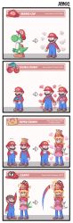 1girl 2boys 4koma ^^^ absurdres ayyk92 blonde_hair blue_pants cappy_(mario) comic copyright_name crossed_arms double_cherry dual_persona earrings elbow_gloves english_text facial_hair gloves highres jewelry long_hair mario mario_(series) multiple_boys mustache new_super_mario_bros._u_deluxe nintendo overalls pants possessed princess_peach silent_comic stacked_hats super_crown super_mario_64 super_mario_odyssey tail transformation white_gloves yoshi