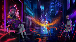 Rule 34 | 1girl, 2boys, back, bird, blonde hair, brown hair, building, cellphone, cigarette, crossed legs, english text, faulkner anne, full body, glasses, highres, jacket, long hair, looking at viewer, mizuiro abokado, multiple boys, neon lights, night, paradox live, phoenix, phone, pink hair, scenery, shoes, short hair, sitting, smile, sneakers, sugasano allen, yeon hajun