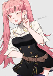 1girl ;d ascot belt black_dress blush breasts brown_belt commentary dress female_focus fingernails fire_emblem fire_emblem:_three_houses garreg_mach_monastery_uniform grey_background highres hilda_valentine_goneril leaning_to_the_side long_hair looking_at_viewer matching_hair/eyes medium_breasts nintendo one_eye_closed open_mouth pink_eyes pink_hair purple_thighhighs shamu_(peach11_01) shirt simple_background smile solo thighhighs thighs twintails twitter_username v white_ascot white_shirt wink