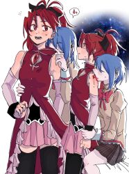 Rule 34 | 2girls, black ribbon, black skirt, black thighhighs, blue hair, brown shirt, dress, hair ribbon, highres, holding another&#039;s wrist, juliet sleeves, licking shoulder, long hair, long sleeves, mahou shoujo madoka magica, mahou shoujo madoka magica (anime), mermaidcandle, miki sayaka, mitakihara school uniform, multiple girls, open mouth, pink skirt, pleated skirt, pointy ears, ponytail, puffy sleeves, red dress, red eyes, red hair, ribbon, sakura kyoko, sakura kyoko (magical girl), school uniform, shirt, skirt, sleeveless, sleeveless dress, spoken blood, sweat, thighhighs, vampire, yuri