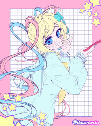 1girl absurdres blonde_hair blue_hair blue_serafuku border bow chest_bow chouzetsusaikawa_tenshi-chan grid_background hair_bow hand_on_own_face highres holding holding_paintbrush index_finger_raised itsumarin looking_back multiple_hair_bows needy_girl_overdose outside_border paintbrush pink_border pink_hair quad_tails school_uniform serafuku sidelocks solo star_(symbol) upper_body