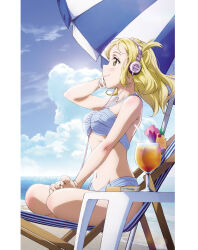 1girl artbook beach bikini blonde_hair blue_bikini blue_sky blush bracelet braid breasts cloud crown_braid day drink drinking_straw food headphones highres jewelry love_live! love_live!_sunshine!! medium_breasts medium_hair navel non-web_source ocean official_art ohara_mari outdoors parasol sitting sky smile solo swimsuit umbrella yellow_eyes
