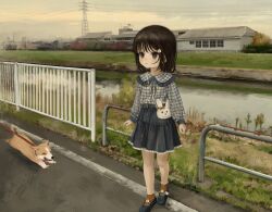 1girl absurdres animal_bag bad_id bad_pixiv_id bag bob_cut brown_eyes brown_hair brown_socks building child cloud cloudy_sky collared_shirt day dog expressionless flower flower_ornament frilled_shirt_collar frilled_skirt frills grass grey_ribbon grey_shirt grey_shoes grey_skirt hair_flower hair_ornament handbag high-waist_skirt highres long_sleeves mary_janes medium_hair miyakawa_haruka_(namuta) namuta neck_ribbon original outdoors parted_lips plaid_clothes plaid_shirt power_lines rabbit_bag rabbit_ornament railing ribbon river road shirt shoes skirt sky sleeve_cuffs socks solo standing wide_shot