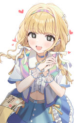 1girl :d absurdres blonde_hair blue_skirt bow braid commentary cropped_shirt frilled_shirt frilled_skirt frills fujita_kotone gakuen_idolmaster hair_bow hair_ribbon hairband heart highres idolmaster jacket loloco looking_at_viewer low_twin_braids midriff money money-shaped_pupils open_clothes open_jacket open_mouth own_hands_together ribbon sekaiichi_kawaii_watashi_(idolmaster) shirt short_sleeves simple_background skirt smile solo symbol-shaped_pupils twin_braids upper_body white_background white_jacket white_ribbon yellow_eyes