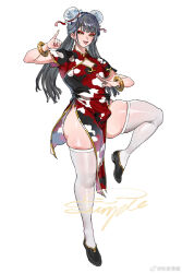 1girl b.sa_(bbbs) bad_tag black_footwear black_hair bracelet breasts bun_cover china_dress chinese_clothes double_bun dress eyeshadow full_body hair_bun highres jewelry long_hair makeup original red_dress red_eyeshadow simple_background solo standing standing_on_one_leg thick_thighs thighhighs thighs white_background white_thighhighs