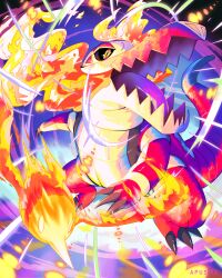 animal_focus apus_92 artist_name bird black_sclera claws colored_sclera fire fire_bird_(skeledirge) highres nintendo no_humans open_mouth orange_eyes pokemon pokemon_(creature) pokemon_focus pokemon_move skeledirge slit_pupils tongue torch_song_(pokemon)