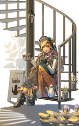 1girl apron belt black_apron black_belt black_boots black_gloves blonde_hair blue_bonnet blue_bow blue_ribbon bonnet book boots bow bowtie bud candeloro character_name chenovellia closed_mouth collared_shirt commentary_request cup dress earrings eyelashes fingerless_gloves flower_earrings footwear_ribbon full_body gem gloves hair_ornament hairpin hat hat_bow high_collar high_heel_boots high_heels highres holding holding_book holding_cup holding_own_hair jewelry lantern light_particles lipstick long_dress long_hair long_sleeves looking_at_viewer mahou_shoujo_madoka_magica mahou_shoujo_madoka_magica_(anime) makeup menu_board nail_polish necklace on_stairs orange_nails pinafore_dress pink_bow pink_bowtie pink_lips plant pleated_dress pom_pom_(clothes) pom_pom_earrings pom_pom_hat_ornament potted_plant ribbon shirt sidelocks sitting sleeveless sleeveless_dress smile solo spiral_staircase stairs sweater tea teacup teapot tomoe_mami very_long_hair waist_apron wavy_hair white_background white_shirt white_sweater yellow_dress yellow_eyes yellow_gemstone
