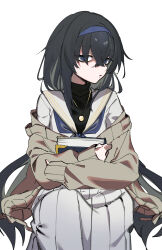 1girl absurdres black_hair blue_archive blue_eyes blue_hairband blue_neckerchief book cardigan crossed_bangs hair_between_eyes hairband highres holding holding_book jewelry long_hair long_sleeves looking_at_viewer neckerchief necklace off_shoulder pleated_skirt sailor_collar school_uniform serafuku simple_background skirt sleeves_past_wrists solo ui_(blue_archive) umashio_potechi-san white_background white_sailor_collar white_skirt