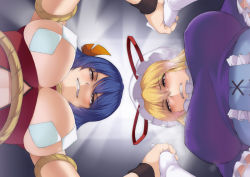 2girls blush breasts clenched_teeth elbow_gloves covered_erect_nipples from_below gloves grin hair_ornament hat heavy_breathing interlocked_fingers kupala large_breasts multiple_girls smile teeth touhou underboob white_gloves wrestling wrestling_outfit wristband yakumo_yukari yasaka_kanako