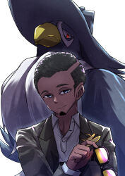 1boy animal_behind_back black_hair blue_eyes closed_mouth commentary_request curly_hair dark-skinned_male dark_skin facial_hair frown gen_4_pokemon glowing glowing_eyes goatee highres holding holding_removed_eyewear honchkrow jacket kotobukkii_(yt_lvlv) light_particles light_smile male_focus nintendo partially_unbuttoned pokemon pokemon_(creature) pokemon_sv red_eyes salvatore_(pokemon) shirt short_hair simple_background smile unworn_eyewear very_short_hair white_background