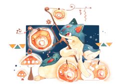 ^_^ animal_focus closed_eyes closed_mouth creatures_(company) cyndaquil closed_eyes game_freak gears gen_2_pokemon glowing hand_up happy highres holding holding_stick kamonabe_(kamonabeekon) looking_to_the_side mushroom nintendo no_humans outline painting_(medium) pokemon pokemon_(creature) pumpkin quilava red_eyes smile stick traditional_media watercolor_(medium)