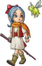 1boy 1girl aged_down blue_eyes blue_hair boots bow bracelet brown_footwear child closed_eyes dragon_quest dragon_quest_treasures dress earrings full_body gold_earrings hair_bow holding holding_stick hoop_earrings insect_wings jewelry looking_at_another looking_up maya_(dq11) neckerchief official_art open_mouth orange_neckerchief parted_bangs pig ponytail red_bow red_sash red_vest sash short_sleeves stick tonbuu_(dqt) toriyama_akira transparent_background vest white_dress wings