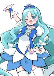 1girl aqua_hair arm_up blue_bow blue_bowtie blue_eyes blush bow bowtie cowboy_shot cure_marine dress hand_on_own_hip heartcatch_precure! highres kurumi_erika one_eye_closed open_mouth precure puffy_short_sleeves puffy_sleeves samarundao short_sleeves simple_background solo standing standing_on_one_leg thighhighs white_background wrist_cuffs