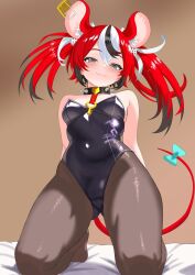 1girl :3 animal_ears arms_behind_back bare_shoulders black_hair black_leotard blue_eyes bow breasts cleavage closed_mouth collar colored_tips commentary commentary_request covered_navel crossed_bangs dice_hair_ornament double-parted_bangs english_commentary gluteal_fold hair_between_eyes hair_ornament hakos_baelz highleg highleg_leotard highres hololive hololive_english kneeling leotard looking_at_viewer medium_breasts mixed-language_commentary mouse_ears mouse_girl mouse_tail mousetrap multicolored_hair no_shoes pantyhose playboy_bunny red_hair rijeka1918 solo spiked_collar spikes strapless strapless_leotard streaked_hair tail tail_bow tail_ornament twintails uneven_twintails virtual_youtuber white_hair