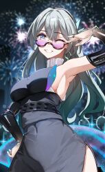 1girl aerial_fireworks ailushin alternate_costume arm_up armpits black_dress black_gloves blue_pupils blurry blurry_background colored_tips commentary covered_navel dress earrings elbow_gloves firefly_(honkai:_star_rail) firefly_(on_the_journey)_(honkai:_star_rail) fireworks gloves gradient_gloves grey_hair hand_on_own_hip highres honkai:_star_rail honkai_(series) jewelry long_hair multicolored_hair one_eye_closed purple-tinted_eyewear purple_eyes semi-rimless_eyewear shirt sleeveless sleeveless_turtleneck solo tinted_eyewear turtleneck turtleneck_shirt