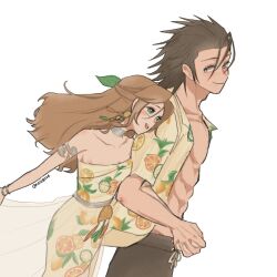 1boy 1girl abs aerith_gainsborough aerith_gainsborough_(citric_dress) armlet bare_shoulders black_hair black_shorts blue_eyes blush brown_hair closed_mouth collarbone collared_shirt couple cowboy_shot dress earrings final_fantasy final_fantasy_vii final_fantasy_vii_ever_crisis food_print from_side fruit_print green_eyes hair_slicked_back highres holding_hands interlocked_fingers jewelry long_hair looking_at_another male_swimwear matching_outfits neck_ring noi_(noi28224) official_alternate_costume open_clothes open_mouth open_shirt orange_print parted_bangs pectorals print_dress print_shirt see-through_clothes see-through_skirt shirt shorts skirt smile spiked_hair strapless strapless_dress swim_trunks toned toned_male twitter_username white_background zack_fair zack_fair_(tropical_beach)