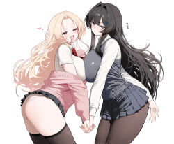 2girls ass black_hair black_pantyhose black_skirt black_thighhighs blonde_hair blue_eyes blue_skirt blush breast_press breasts commentary fingernails grey_sweater_vest gyaru hair_intakes highres holding_hands huge_breasts jacket large_breasts long_hair looking_at_viewer mochirong mole mole_under_eye multiple_girls nail_polish open_mouth original panties pantyhose pink_eyes pink_jacket pink_nails pleated_skirt school_uniform shirt simple_background skirt smile sweater_vest symbol-only_commentary teeth thighhighs underwear upper_teeth_only v v_over_mouth white_background white_panties white_shirt