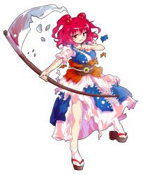 1girl black_sandals blue_dress brown_sash commentary_request dairi dress full_body furrowed_brow hair_bobbles hair_ornament highres holding holding_scythe large_variant_set looking_at_viewer obi okobo onozuka_komachi open_mouth platform_sandals red_eyes red_hair sandals sash scythe short_hair short_sleeves smile socks solo standing sweatdrop tabi tachi-e torn_clothes torn_dress touhou two_side_up variant_set white_socks