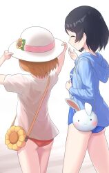 2girls adjusting_clothes adjusting_headwear animal_bag ass bag black_hair blue_jacket blue_one-piece_swimsuit breasts child closed_eyes commentary drawstring flower hand_up hat highres hood hooded_jacket idolmaster idolmaster_cinderella_girls jacket long_hair multiple_girls one-piece_swimsuit open_clothes open_jacket orange_bag orange_hair orange_one-piece_swimsuit rabbit_bag ryuzaki_kaoru sasaki_chie shirt short_hair short_sleeves shoulder_bag sidelocks small_breasts smile sunflower swimsuit swimsuit_under_clothes thighs white_background white_headwear white_shirt yama_tatsuo