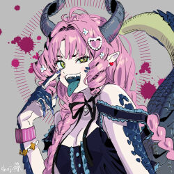 Rule 34 | 1girl, animal hands, blue scales, blue tongue, colored tongue, commentary, dragon girl, dragon horns, dragon tail, fangs, fusuma (nohbrk), green eyes, grey background, hand up, horns, long hair, looking at viewer, original, piercing, pink hair, pointy ears, scales, slit pupils, solo, symbol-only commentary, tail, tongue, tongue out, tongue piercing, uneven eyes