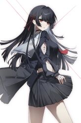1girl absurdres arm_cutout black_choker black_hair black_ribbon black_shirt black_skirt breasts chisa_(wuthering_waves) choker commentary cowboy_shot crop_top hair_ribbon highres long_hair long_sleeves looking_at_viewer medium_breasts neckerchief parted_lips red_eyes red_neckerchief red_ribbon ribbon sailor_collar shirt skirt solo uchihasakino white_sailor_collar wuthering_waves