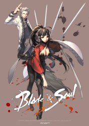 10s 1boy 1girl absurdres bikini bikini_top_only black_bikini black_hair black_legwear blade_&amp;_soul breasts brown_eyes cleavage cleavage_cutout clothing_cutout coat hichi highres leaning_forward lips long_hair ponytail smile swimsuit sword tassel weapon