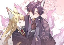 Rule 34 | 1boy, 1girl, animal ear fluff, animal ears, arknights, black gloves, blonde hair, braid, cherry blossoms, chinese commentary, closed eyes, closed mouth, commentary request, extra ears, facial scar, feeding, fox boy, fox ears, fox girl, fox tail, gloves, husband and wife, japanese clothes, kitsune, kyuubi, layered sleeves, long hair, long sleeves, multicolored hair, multiple tails, necktie, orange eyes, purple hair, puyue, red necktie, scar, scar on cheek, scar on face, shirt, short hair, suzuran&#039;s father (arknights), tail, vulpisfoglia (arknights), white shirt