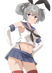 1girl absurdres black_neckerchief black_panties blue_eyes blue_skirt blush breasts cosplay cowboy_shot crop_top elbow_gloves gloves grey_hair hairband hands_on_own_hips highleg highleg_panties highres horizontal-striped_thighhighs i-36_(kancolle) kantai_collection looking_at_viewer microskirt navel neckerchief panties sailor_collar shimakaze_(kancolle) shimakaze_(kancolle)_(cosplay) short_hair simple_background skirt solo striped_clothes striped_thighhighs sukimizaki thighhighs twintails underwear white_background white_gloves