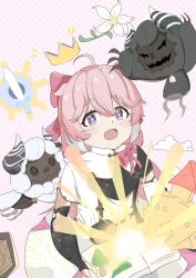 1girl ahoge book bow cloudy_(wuthering_waves) cosmos_(wuthering_waves) crown dress encore_(wuthering_waves) flower flower-shaped_pupils hair_bow hair_ornament heppoko0913 highres holding holding_book light_rays open_mouth pink_bow pink_hair pink_pupils purple_eyes stuffed_animal stuffed_sheep stuffed_toy sunbeam sunlight sword symbol-shaped_pupils thick_eyebrows weapon white_dress wuthering_waves