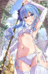 1girl :p alternate_costume armpits blue_eyes blue_hair blue_ribbon blush breasts cable_knit closed_mouth commentary_request detached_sleeves fingernails from_below garter_straps gluteal_fold hair_between_eyes hair_ribbon halberd highres holding holding_polearm holding_weapon hololive hoshimachi_suisei long_fingernails long_hair looking_at_viewer medium_breasts meme_attire nail_polish navel outdoors overgrown panties pillar pink_nails polearm qussie ribbed_legwear ribbed_panties ribbed_sleeves ribbed_sweater ribbed_thighhighs ribbon ruins side-tie_panties side_ponytail sleeveless sleeveless_sweater sleeveless_turtleneck solo star_(symbol) star_in_eye stomach sweater symbol_in_eye thighhighs tongue tongue_out turtleneck turtleneck_sweater underboob underwear virgin_destroyer_sweater virtual_youtuber weapon white_panties white_sleeves white_sweater white_thighhighs