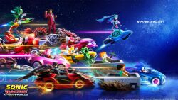 3girls 6+boys :d alex_(minecraft) amy_rose blue_hair car commentary_request copyright_name copyright_notice creeper dr._eggman driving furry furry_female furry_male hatsune_miku highres hoverboard jet_the_hawk joker_(persona_5) kasuga_ichiban knuckles_the_echidna logo minecart minecraft motor_vehicle multiple_boys multiple_girls night night_sky official_art open_mouth outstretched_arms persona persona_5 pickaxe ryuu_ga_gotoku_(series) shadow_the_hedgehog sky smile sonic_(series) sonic_racing:_crossworlds sonic_the_hedgehog standing star_(sky) starry_sky steve_(minecraft) tails_(sonic) translation_request twintails
