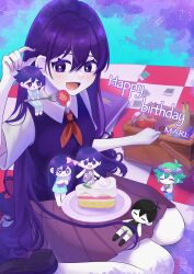 +_+ 2girls 4boys antenna_hair apple aubrey_(headspace)_(omori) aubrey_(omori) banana barefoot basil_(headspace)_(omori) basil_(omori) black_hair black_shoes black_socks black_tank_top blue_overalls blue_shirt blush bow bright_pupils cake cake_slice camera character_name checkered_blanket closed_eyes closed_mouth collared_shirt colored_skin commentary flower food fork fruit grapes green_hair green_shirt hair_bow happy_birthday head_wreath hero_(headspace)_(omori) hero_(omori) highres holding holding_camera holding_fork holding_stuffed_toy kel_(headspace)_(omori) kel_(omori) long_hair long_shirt long_sleeves lying mari_(headspace)_(omori) mari_(omori) mini_person miniboy minigirl mr._plantegg_(omori) multiple_boys multiple_girls neckerchief omori omori_(omori) on_back open_mouth overall_shorts overalls pajamas photo_(object) picnic_basket picnic_blanket pink_bow plate pleated_skirt purple_eyes purple_hair purple_skirt red_neckerchief red_skirt scrapbook shirt shoes short_hair short_sleeves shorts sirokuronodoame sitting skirt smile socks standing strawberry striped_clothes striped_shorts stuffed_eggplant stuffed_toy t-shirt tank_top teeth upper_teeth_only vertical-striped_clothes vertical-striped_shorts wariza white_pupils white_shirt white_shorts white_skin
