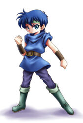 1boy belt belt_buckle blue_eyes blue_hair blue_pants blue_tunic boots bracer brown_belt buckle clenched_hands closed_mouth determined frown full_body fuyuzato_seia gold_buckle green_boots green_headband hair_between_eyes headband hoshi_wo_miru_hito knee_boots legs_apart looking_at_viewer male_focus minami_(hoshi_wo_miru_hito) pants puffy_short_sleeves puffy_sleeves shadow short_hair short_sleeves simple_background solo standing tunic turtleneck white_background