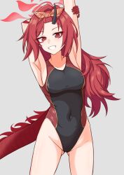 Rule 34 | 1girl, absurdres, arms up, black horns, black one-piece swimsuit, blue archive, breasts, competition swimsuit, covered navel, dragon tail, eyeshadow, gluteal fold, grey background, grin, halo, highleg, highleg one-piece swimsuit, highres, horns, long hair, makeup, medium breasts, minaduki0707, one-piece swimsuit, red eyes, red eyeshadow, red hair, red halo, red tail, renge (blue archive), simple background, single horn, smile, solo, swimsuit, tail