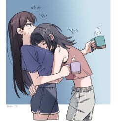 Rule 34 | 2girls, akni, bang dream!, bang dream! it&#039;s mygo!!!!!, black bra, black hair, blue shorts, bra, bra peek, closed eyes, commentary, crop top, cup, holding, holding cup, hug, long hair, medium hair, mug, multiple girls, purple eyes, shiina taki, short sleeves, shorts, sleepy, sweat, symbol-only commentary, underwear, yahata umiri, yuri